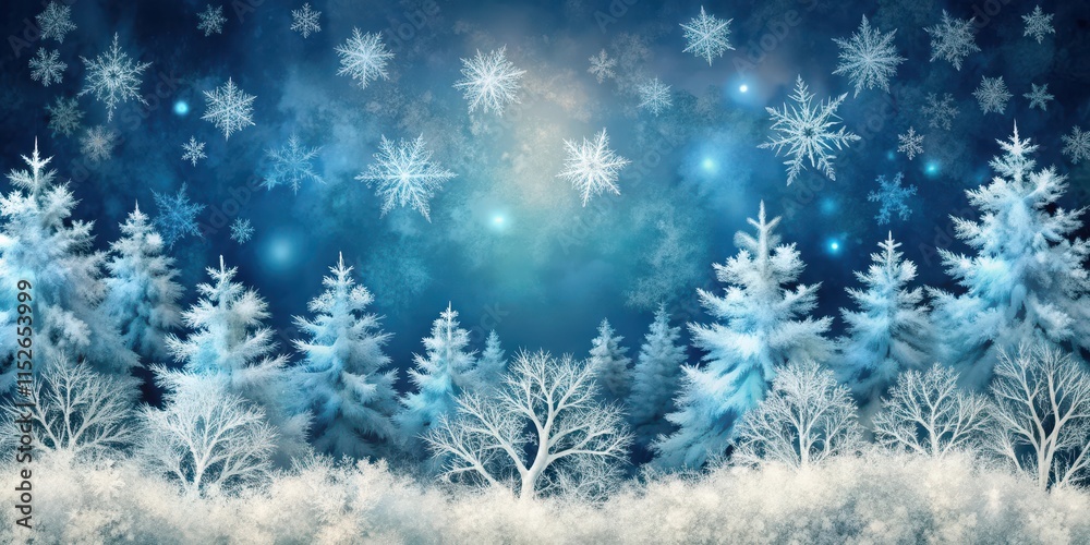 Winter forest floor with a seamless pattern of snowflakes and frosty branches, set against a dark blue sky with fluffy white clouds , snowflakes, frosty Winter forest floor with a seamless pattern of snowflakes and frosty branches, set against a dark blue sky with fluffy white clouds , snowflakes, frosty
