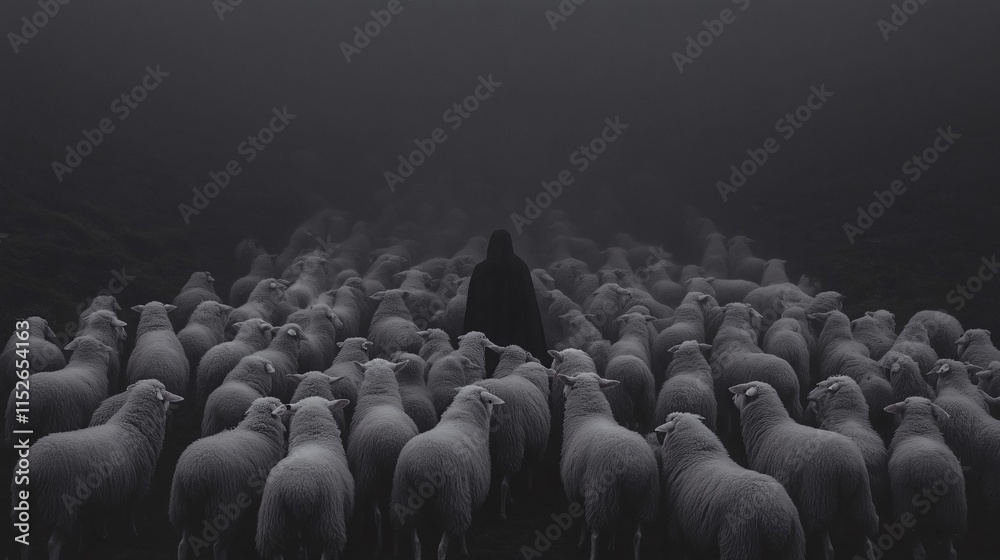 Obraz premium Symmetrical Framing of White Sheep in Misty Landscape