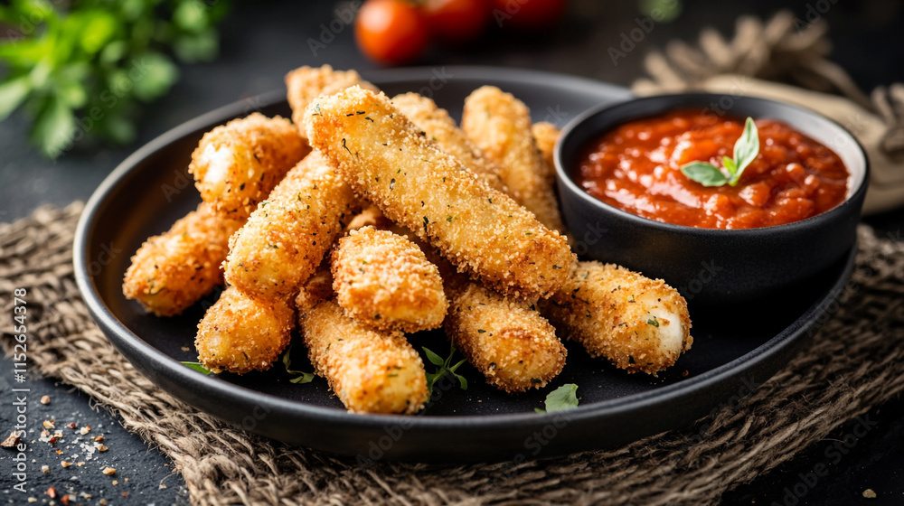 A plate of mozzarella sticks with bowl of tomato sauce A plate of mozzarella sticks with bowl of tomato sauce