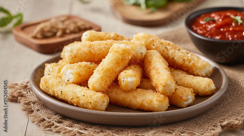 A plate of mozzarella sticks with bowl of tomato sauce