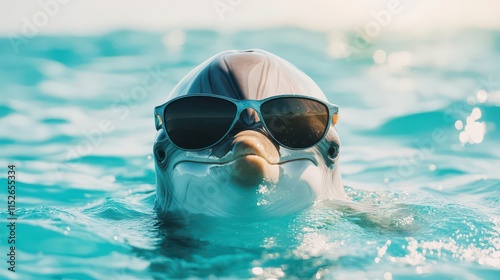 Dolphin Wearing Sunglasses in Clear Blue Water