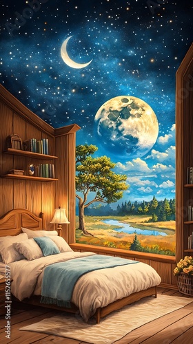 Cozy Watercolor Bedroom with Starry Night Sky