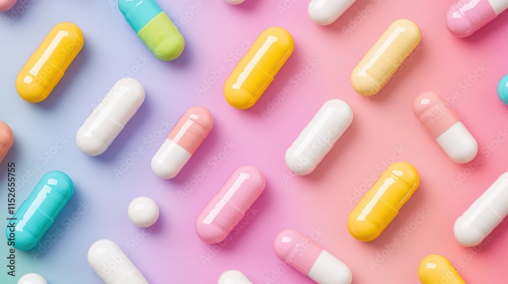 Colorful capsules scattered on a pastel background, showcasing a variety of shapes and colors, representing vitamins, medications, and health supplements. Colorful capsules scattered on a pastel background, showcasing a variety of shapes and colors, representing vitamins, medications, and health supplements.