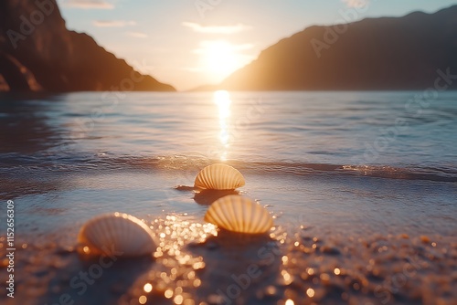 Seashells Sunset Beach Calm Ocean Golden Light Scene photo