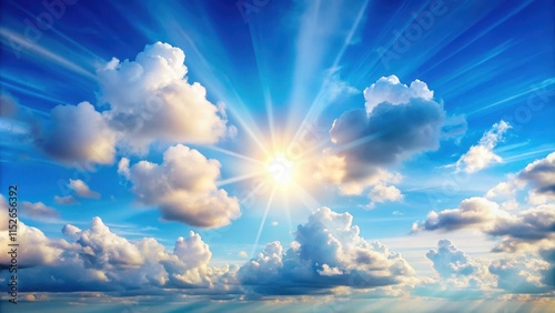 A serene blue sky with fluffy white clouds, sunlight shining through the gaps, casting a warm glow on the scene, creating a sense of serenity and tranquility , nature, outdoors