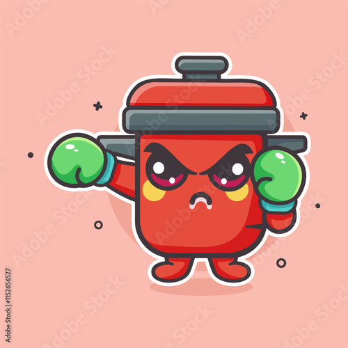 serious cooking pot character mascot playing boxing sport isolated cartoon