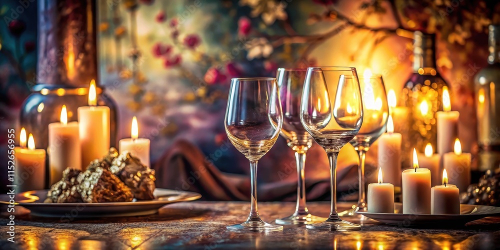 Elegant wine glasses arranged on a decorative tablecloth surrounded by artwork and candles, with a soft focus effect to emphasize the refined atmosphere , decor, evening Elegant wine glasses arranged on a decorative tablecloth surrounded by artwork and candles, with a soft focus effect to emphasize the refined atmosphere , decor, evening