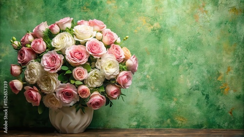 Large pink and white rose floral arrangement on a textured green wall , roses, wallpaper,  roses, wallpaper, floral