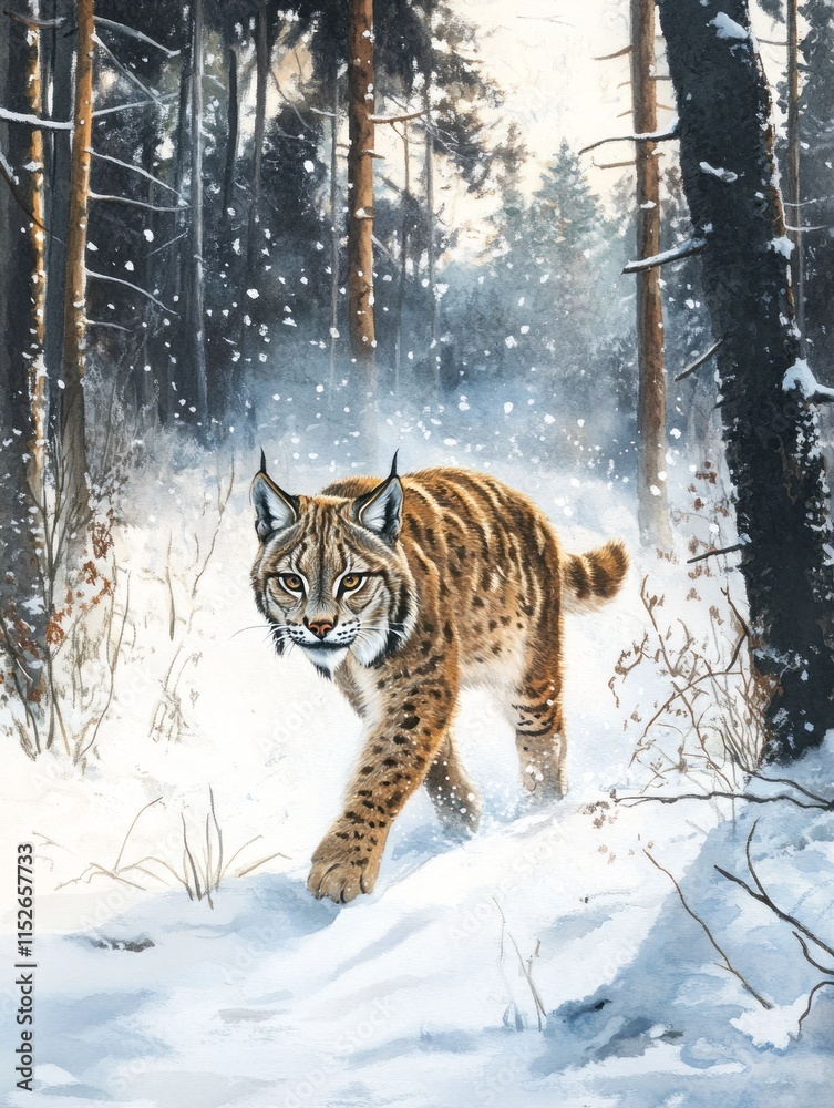 Eurasian Lynx Prowling Through Snowy Winter Forest Eurasian Lynx Prowling Through Snowy Winter Forest