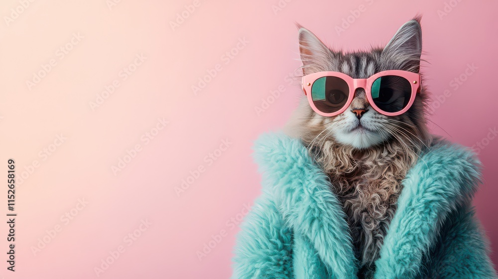 Stylish Cat in Sunglasses and Fur Coat Against a Pink Background Stylish Cat in Sunglasses and Fur Coat Against a Pink Background