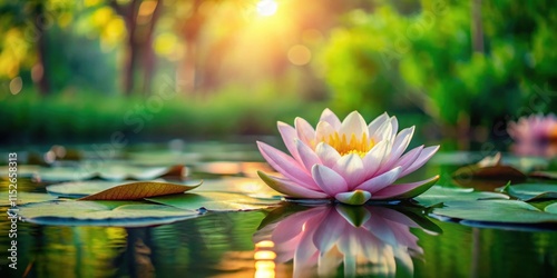 Serene water lily surrounded by lush greenery and vibrant flowers floating on the surface of a peaceful pond at dawn, floating flowers, peaceful atmosphere