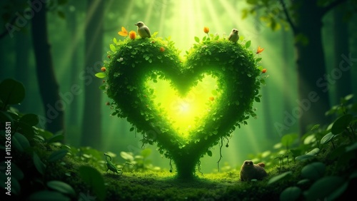 A glowing green heart formed by vines and leaves, surrounded by vibrant animals and sunlight filtering through a misty forest. A serene ode to Earth's life and vitality.