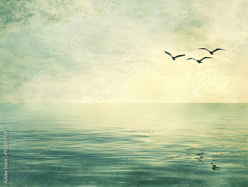 Serene sky with birds flying over calm water, creating tranquil atmosphere
