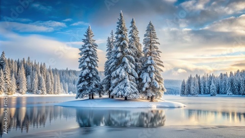 Snow-covered pine trees stand tall amidst the frozen lake's serene beauty, evergreen, landscape,  evergreen, landscape, snow, calm