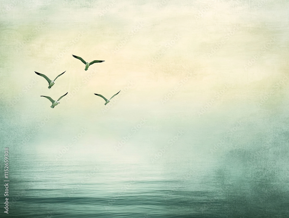 Fototapeta premium Serene image of birds flying over calm sea with soft colors and textures