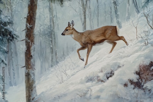 Whitetail Deer Running Through Snowy Winter Forest photo