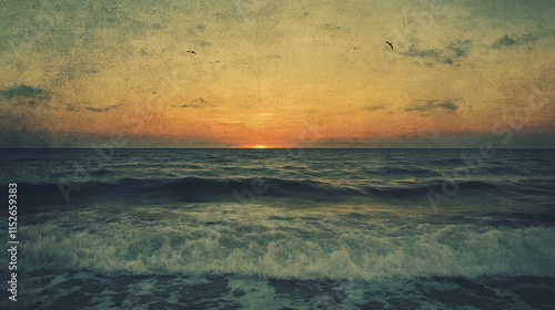 serene sunset over ocean with waves and birds in flight, creating tranquil atmosphere
