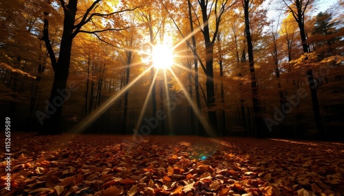 a picture taken from the ground of a forest with leaves on the ground