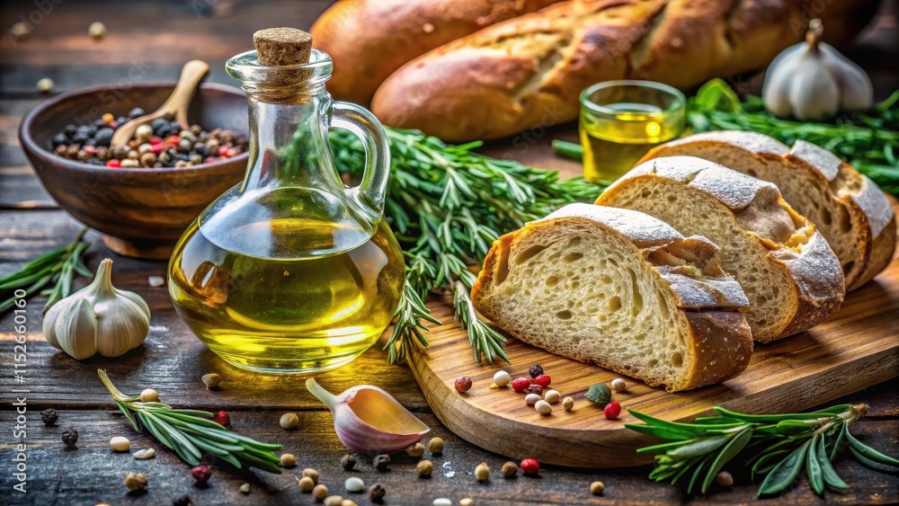Bread and olive oil combination, herbs, spices Bread and olive oil combination, herbs, spices