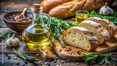 Fototapeta Naklejka Na Ścianę i Meble -  Bread and olive oil combination, herbs, spices