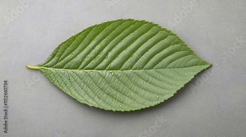 Closeup of a vibrant green leaf on textured gray surface single