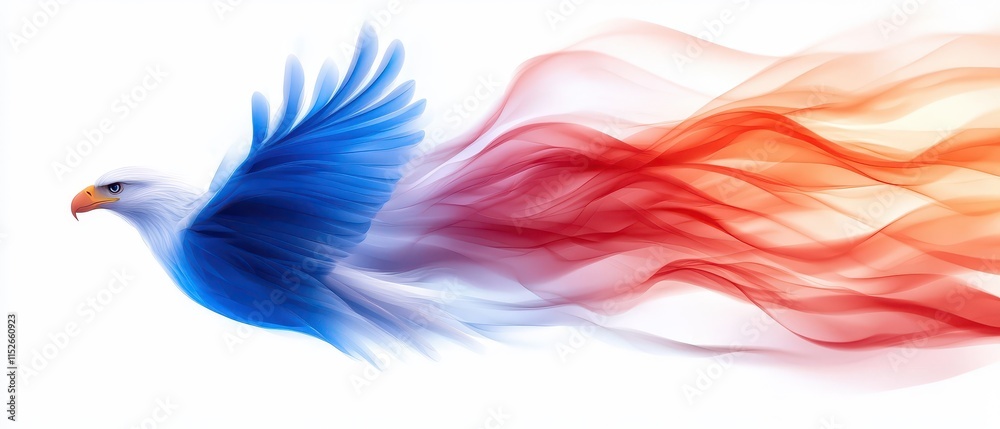 Fototapeta premium Minimalist patriotic designs for USA concept. Eagle in motion, depicted with flowing blue and red colors, symbolizing freedom and dynamism.