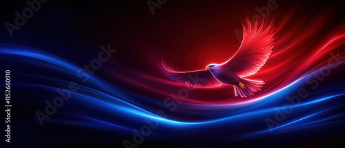 Minimalist patriotic designs for USA concept. A vibrant, abstract image showcasing a hawk soaring through colorful waves of blue and red light against a dark background.