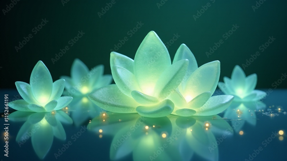 Glowing green and blue crystals shaped like leaves and flowers, resting on a reflective surface. Fireflies and mist create an enchanting tribute to Earth’s natural elegance. Glowing green and blue crystals shaped like leaves and flowers, resting on a reflective surface. Fireflies and mist create an enchanting tribute to Earth’s natural elegance.