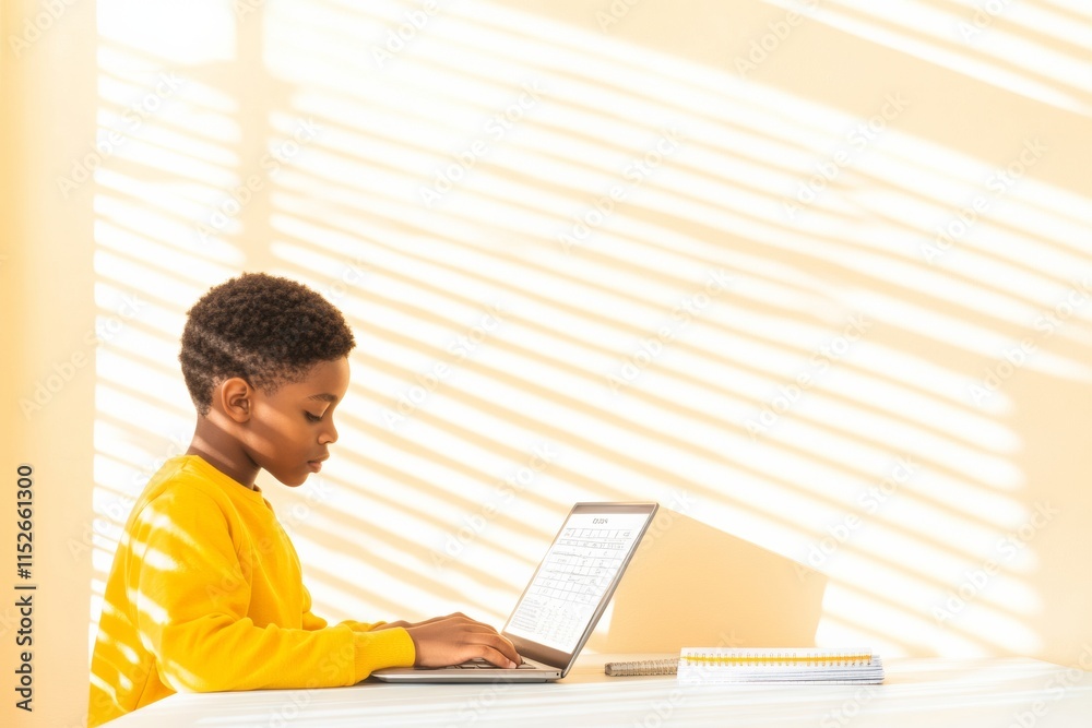Fototapeta premium Focused Teen Boy Studying with Laptop and Notes in Sunlit Room