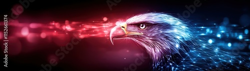 Minimalist patriotic designs for USA concept. Colorful digital artwork of an eagle with vibrant light effects against a dark background.