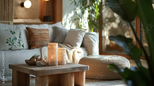 Stylish lounge area with sustainable textiles, cozy decor, and natural light