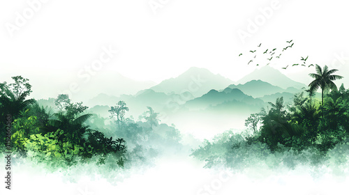 Serene landscape with misty mountains and lush greenery under a soft light