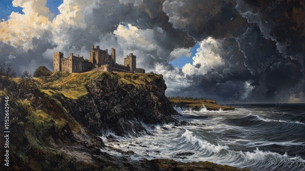 A dramatic seascape featuring a medieval castle on a cliff under a stormy sky. A dramatic seascape featuring a medieval castle on a cliff under a stormy sky.
