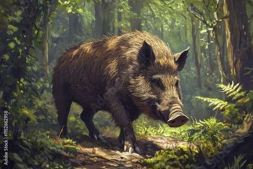 Wild Boar Walking Through A Verdant Forest Path photo