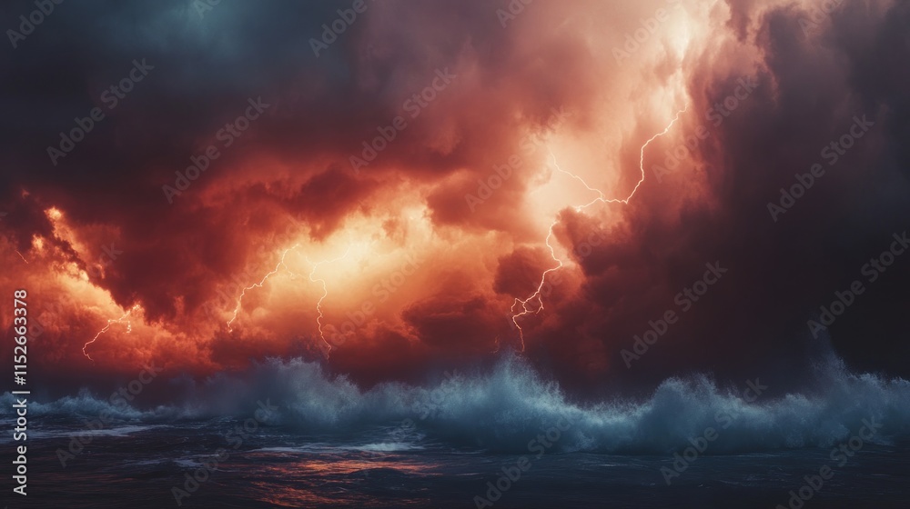 A dramatic seascape featuring turbulent waves and striking lightning amidst dark clouds. A dramatic seascape featuring turbulent waves and striking lightning amidst dark clouds.