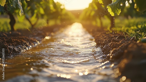 A modern irrigation system designed to conserve water in a droughtprone area, close up, focus on innovation, realistic, overlay, arid farmland backdrop photo