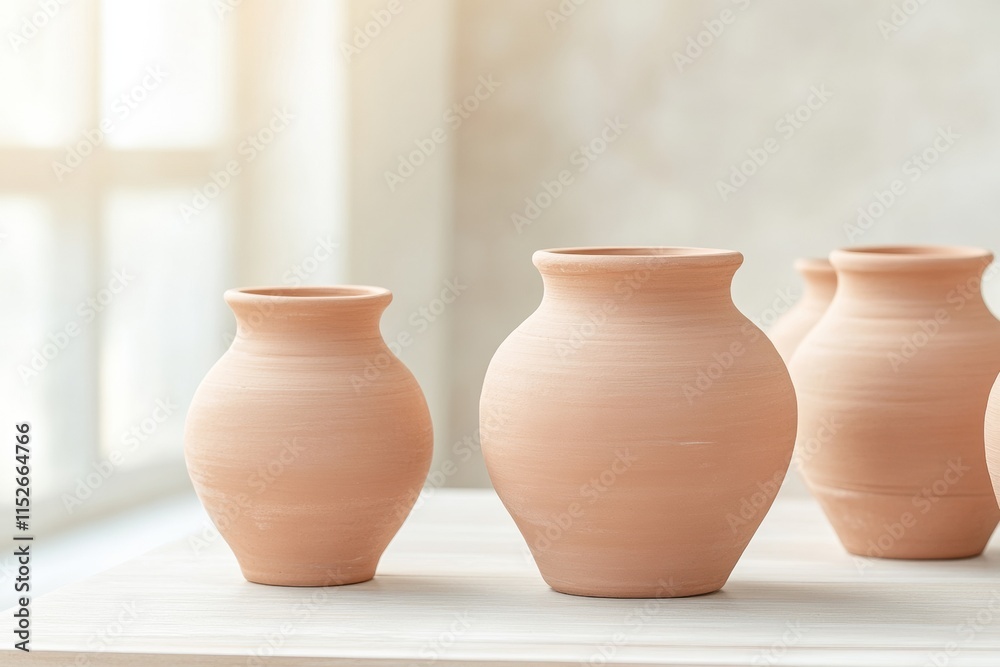 Sunlit Handmade Clay Pots on Wooden Table – Artisanal Home Crafting Atmosphere Sunlit Handmade Clay Pots on Wooden Table – Artisanal Home Crafting Atmosphere