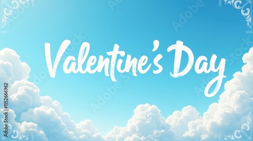 Valentine's Day greeting in soft sky background with fluffy clouds holiday celebration text design for romantic mood posters cards pastel blue white colors elegant typography style