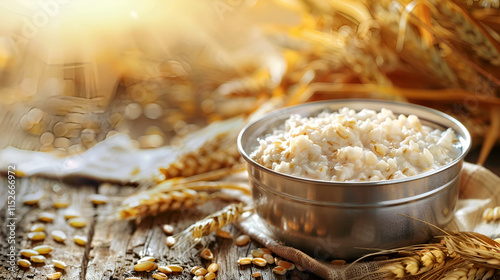 Grain Porridge Served in Metal Bowl on White Background

 photo