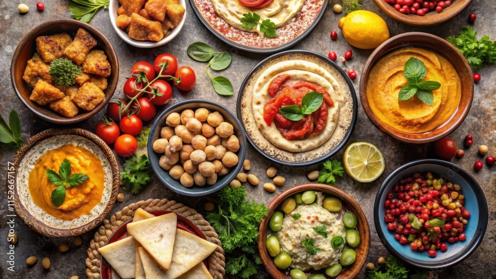 Ramadan halal food spread with hummus and Moroccan cuisine on Eid table setting top view, Ramadan, halal, food, spread Ramadan halal food spread with hummus and Moroccan cuisine on Eid table setting top view, Ramadan, halal, food, spread