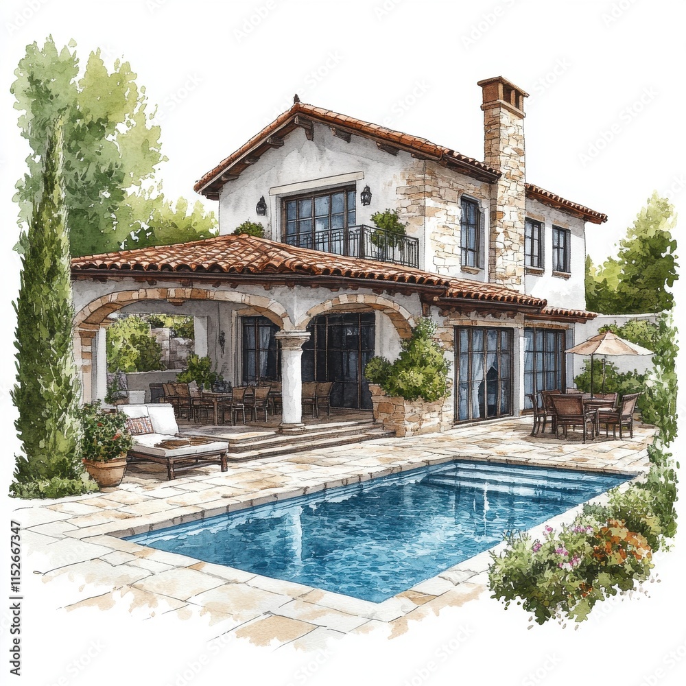 Fototapeta premium Mediterranean Villa Watercolor, Pool, Home Design - Watercolor illu.