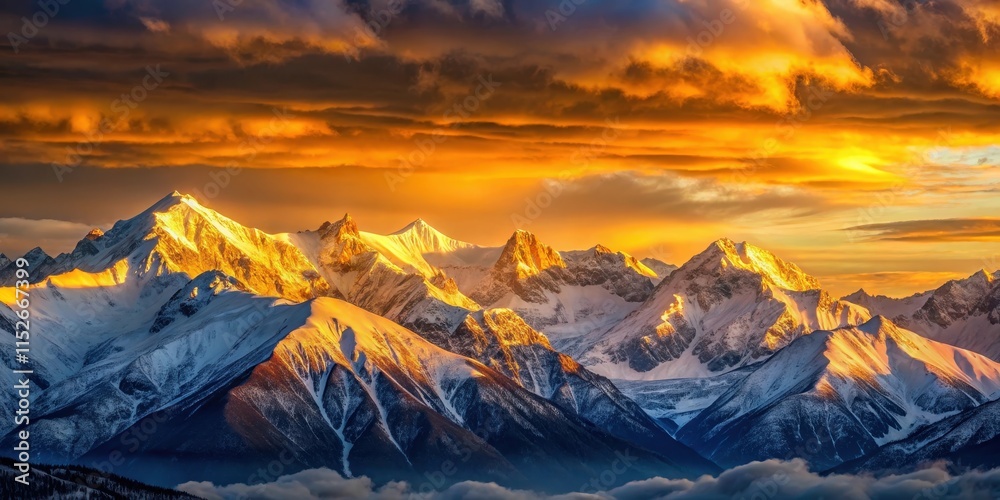 Fototapeta premium Sunset casting warm golden light over snow-capped mountains , sunset, mountains, nature, scenic, landscape, dusk, twilight