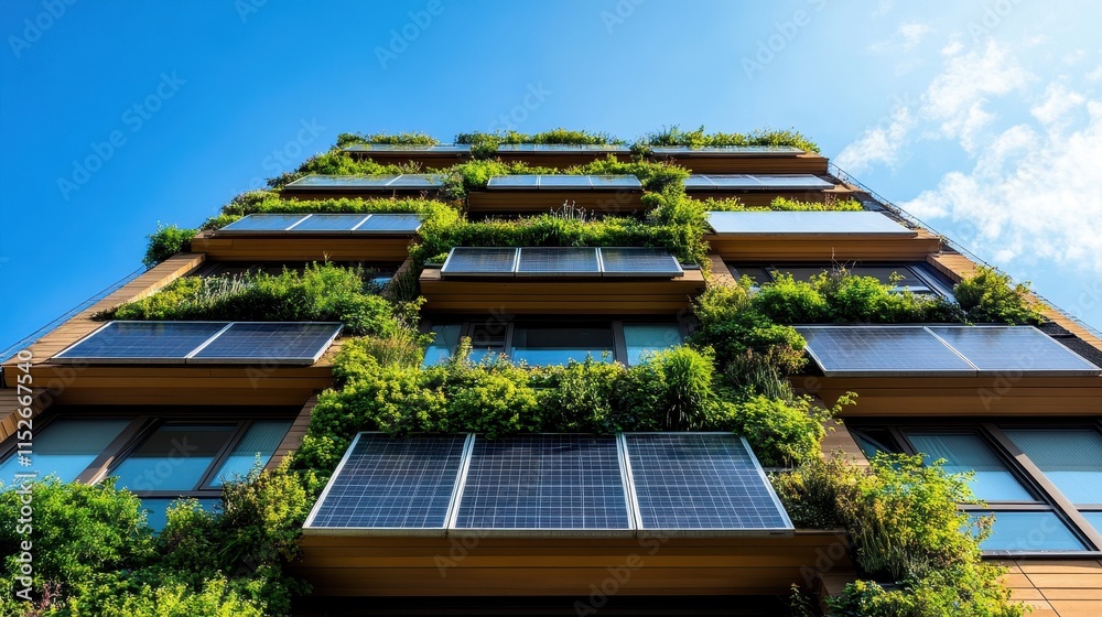 Modern building with solar panels and green wall. Illustrates sustainable, eco-friendly architecture & renewable energy. Modern building with solar panels and green wall. Illustrates sustainable, eco-friendly architecture & renewable energy.