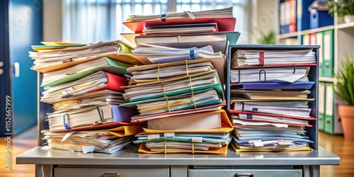 A large pile of binders filled with papers overflowing on a filing cabinet , paperwork, organization, files, stack photo