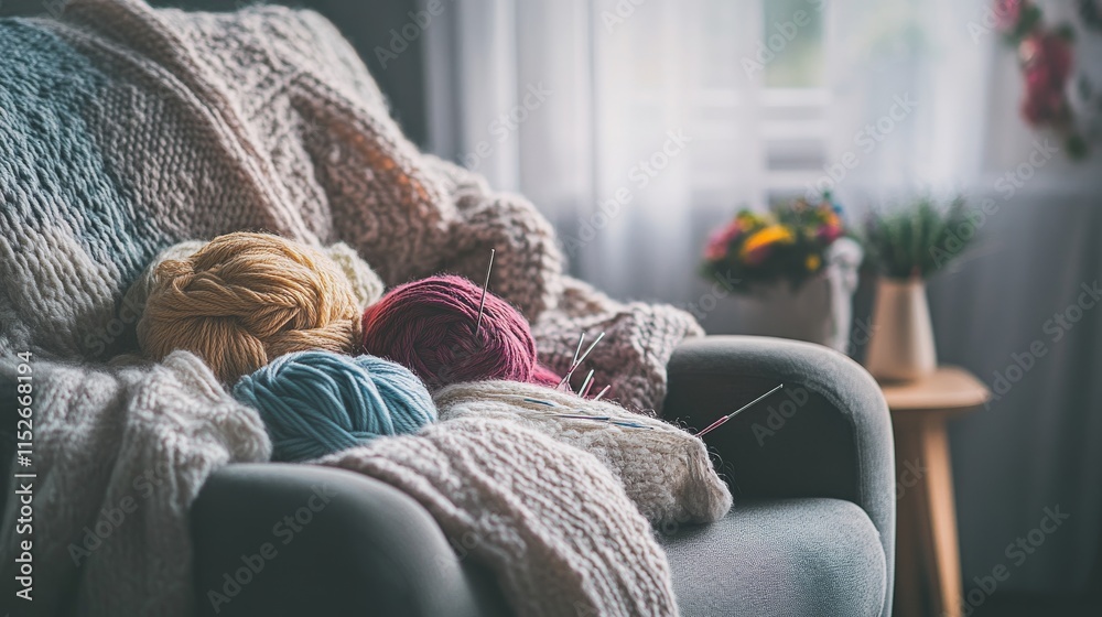 Obraz premium A cozy knitting corner with yarn and needles neatly arranged, Hand-knit projects in progress on a comfy armchair, Lifestyle photography style
