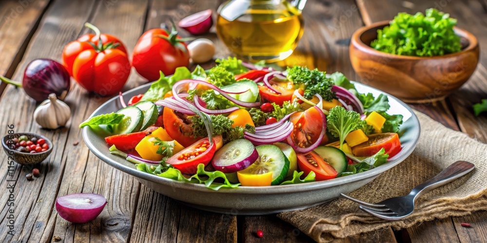 Vegan salad made with fresh, colorful vegetables and organic dressing on a wooden table , healthy, food, vegan, salad Vegan salad made with fresh, colorful vegetables and organic dressing on a wooden table , healthy, food, vegan, salad