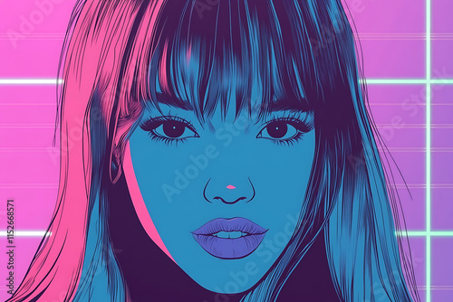 A stunning girl with expressive features and vibrant aqua hair glowing with neon hues, her captivating eyes and pouty lips illuminated by dramatic neon lighting