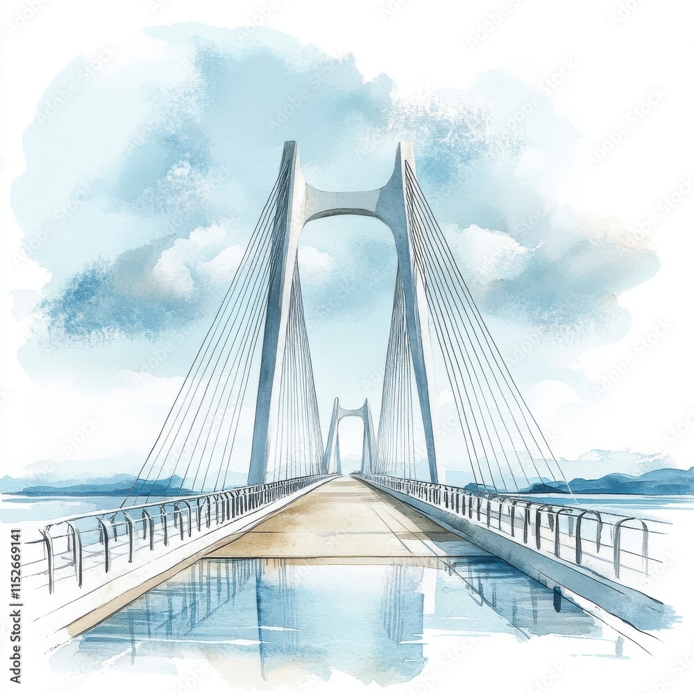 Obraz premium Watercolor Cable-Stay Bridge Landscape - Watercolor illustrations