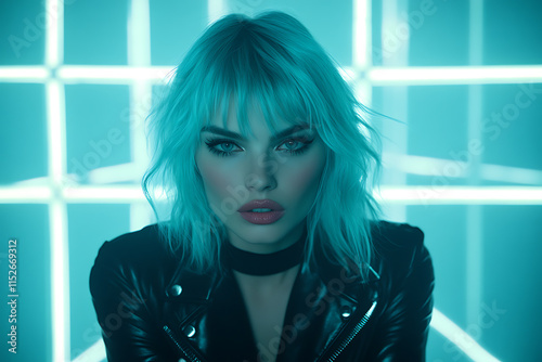  A stunning girl with expressive features and vibrant aqua hair glowing with neon hues, her captivating eyes and pouty lips illuminated by dramatic neon lighting