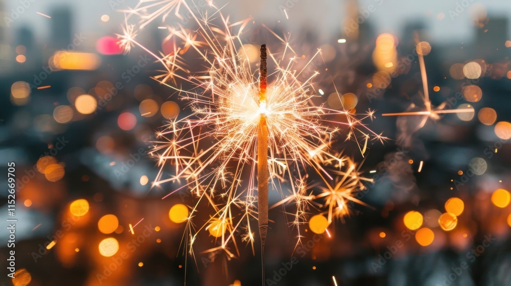 Obraz premium A lit sparkler with bokeh lights in the background.